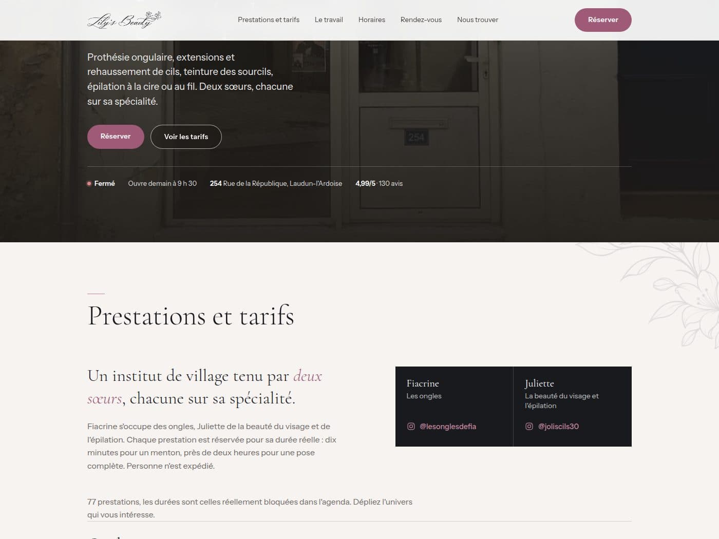 Autre page du site de Lily's Beauty